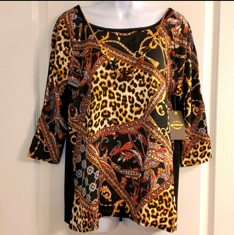 Goddess Long Sleeve Brown Black Leopard Top S NWT